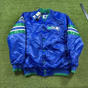 Starter Seattle Seahawks Satin Snap Button Jacket Mens M Royal Blue Green NFL